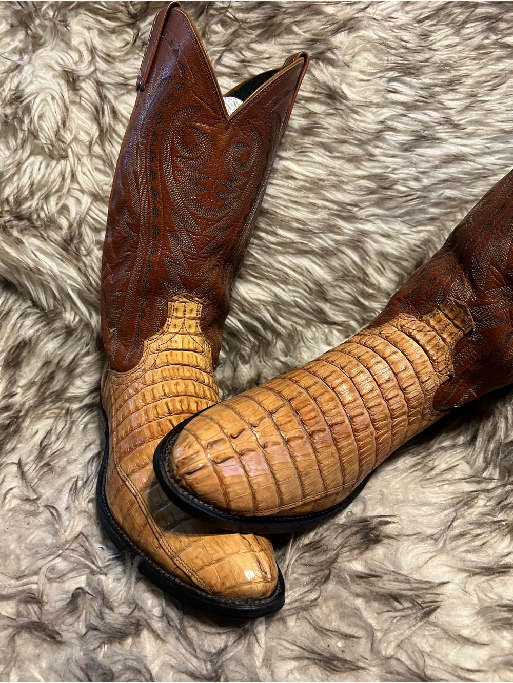 Men's DAN POST CAIMAN & LEATHER Western Cowboy Boots - Tan & Brown Sz 9 D